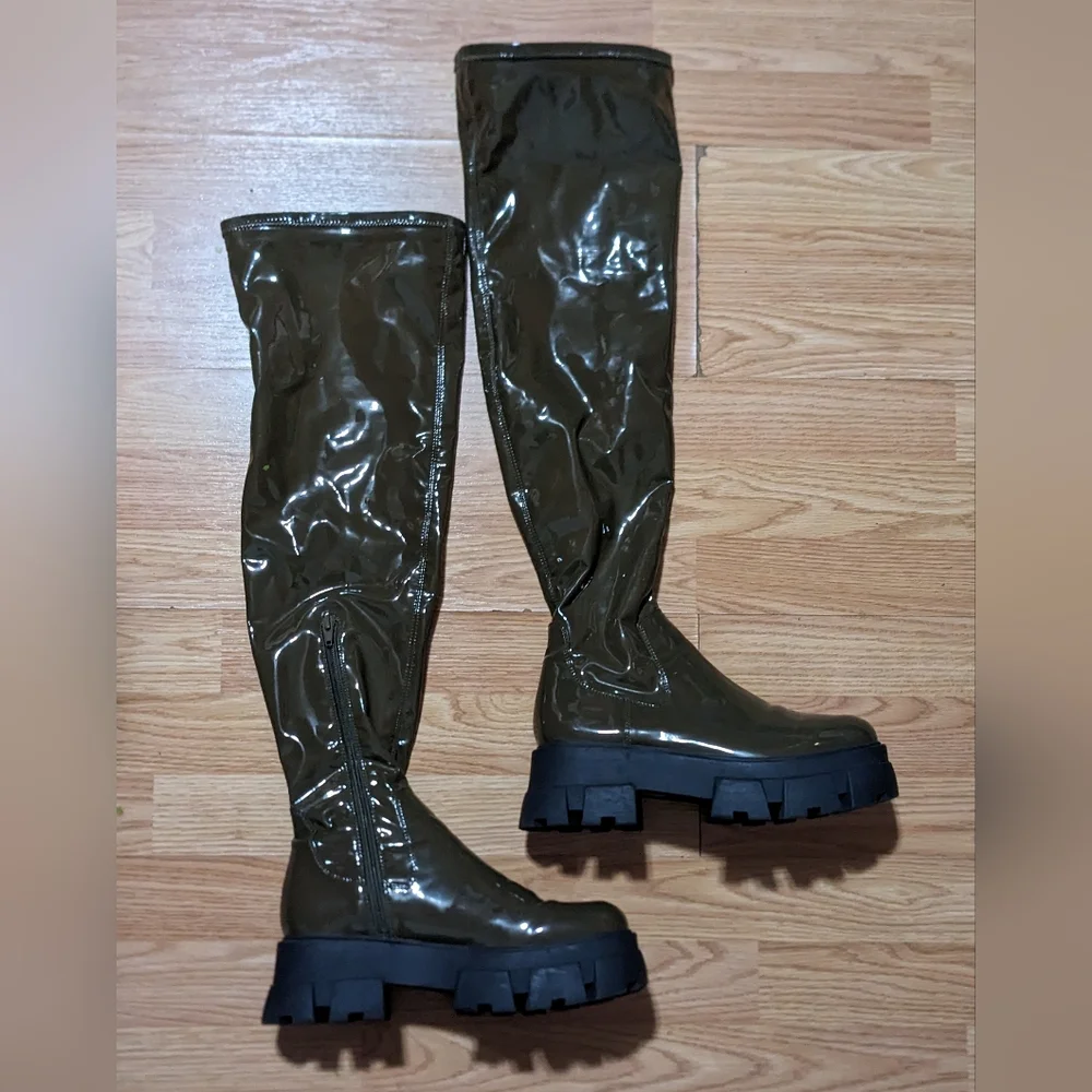 Aldo Vinyl Over the Knee Boots 7.5 Dark Green Rare Style